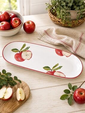Hand Painted Apple Ceramic Serving Platter 14” Long Tapas Tray Farmhouse